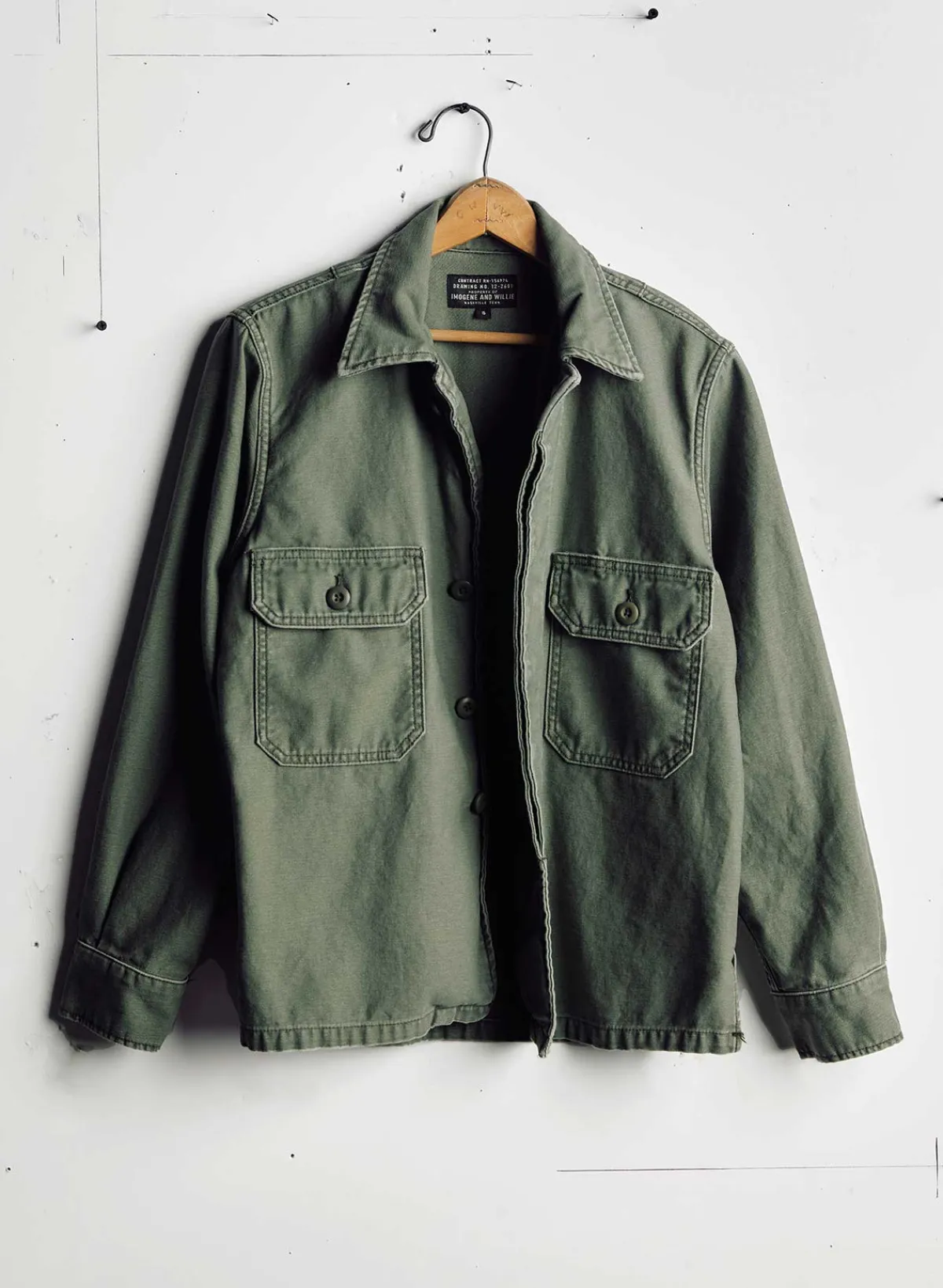 Imogene + Willie military shirt jacket in fatigue green