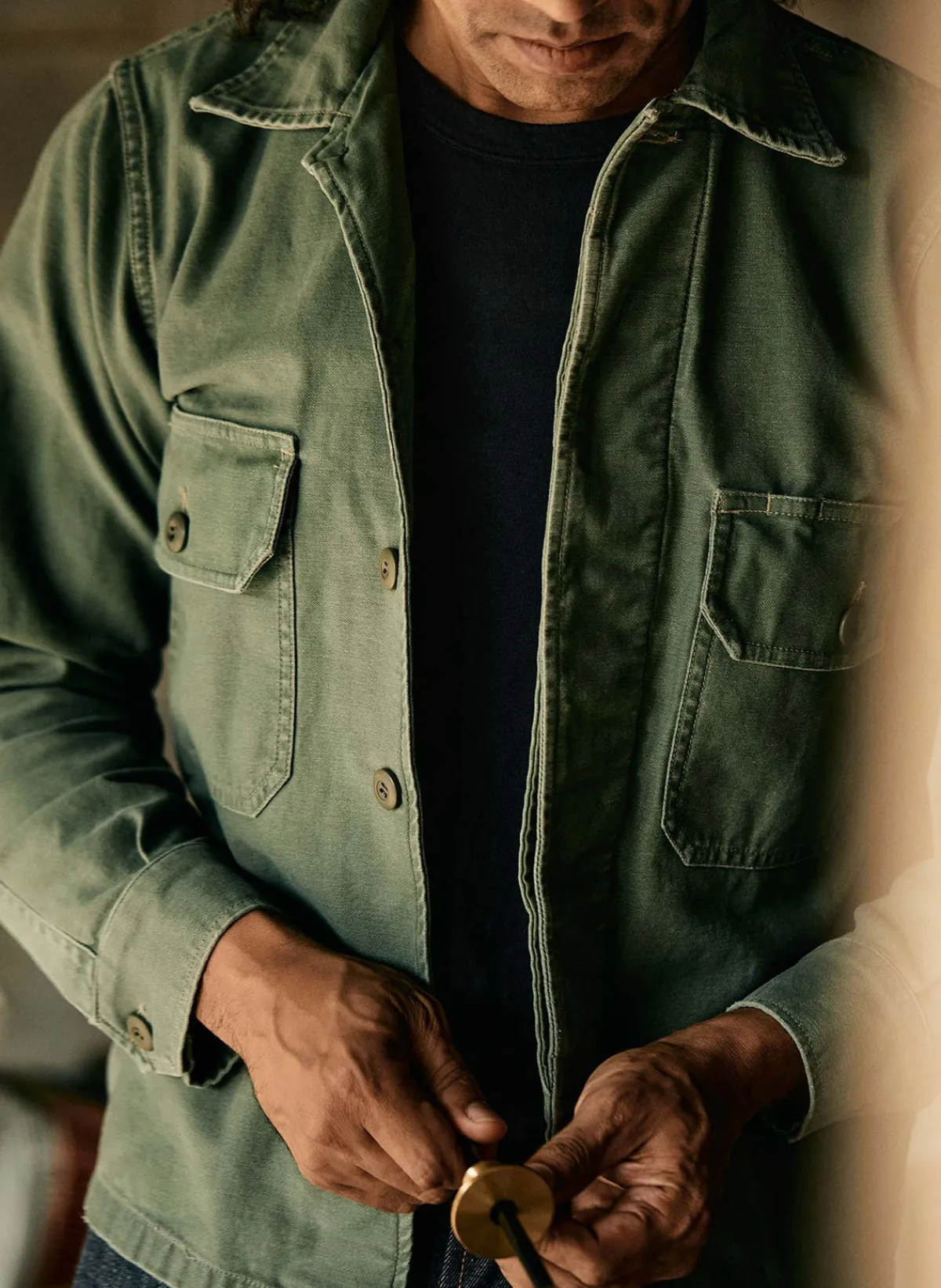 Imogene + Willie military shirt jacket in fatigue green