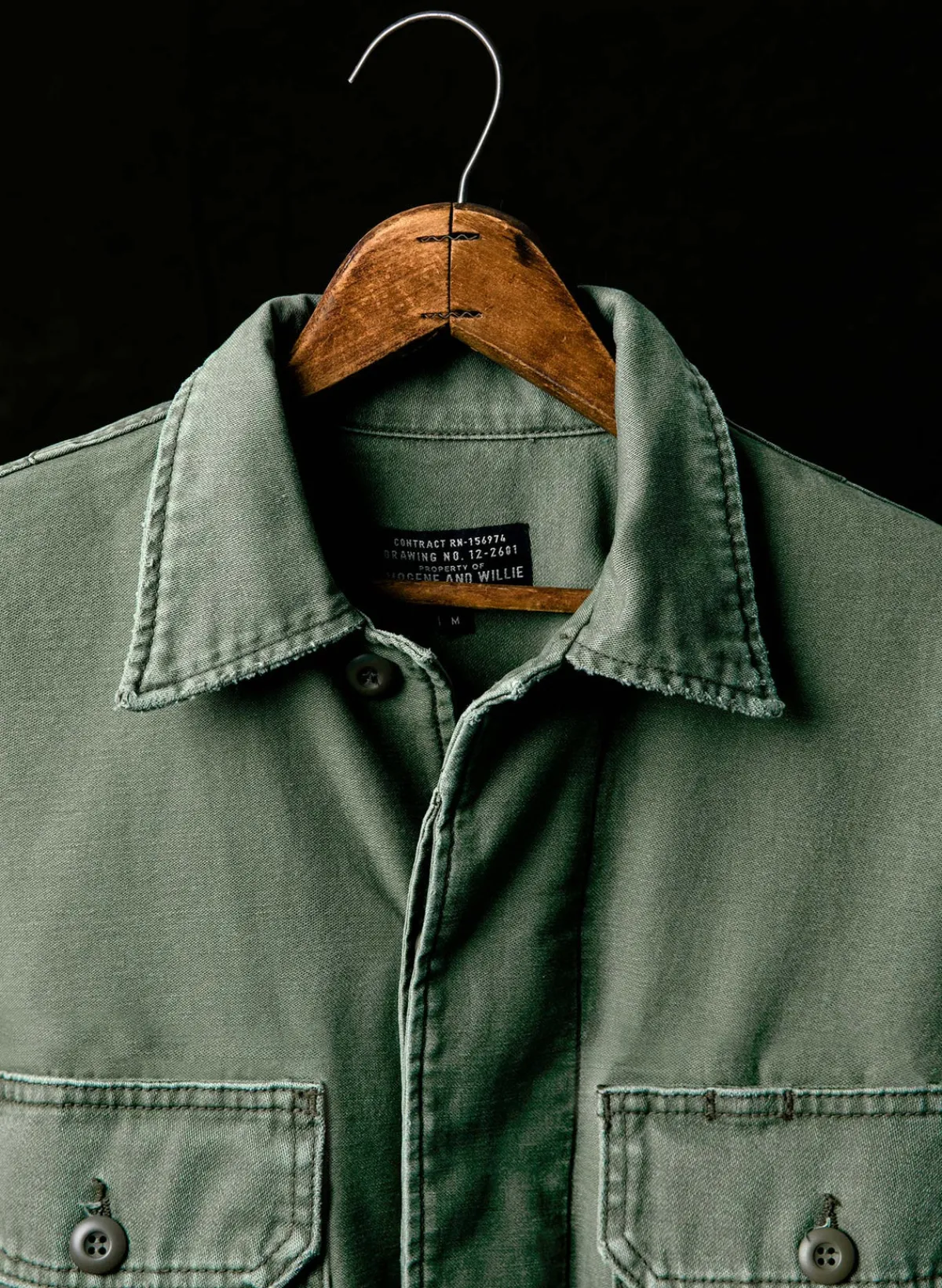 Imogene + Willie military shirt jacket in fatigue green