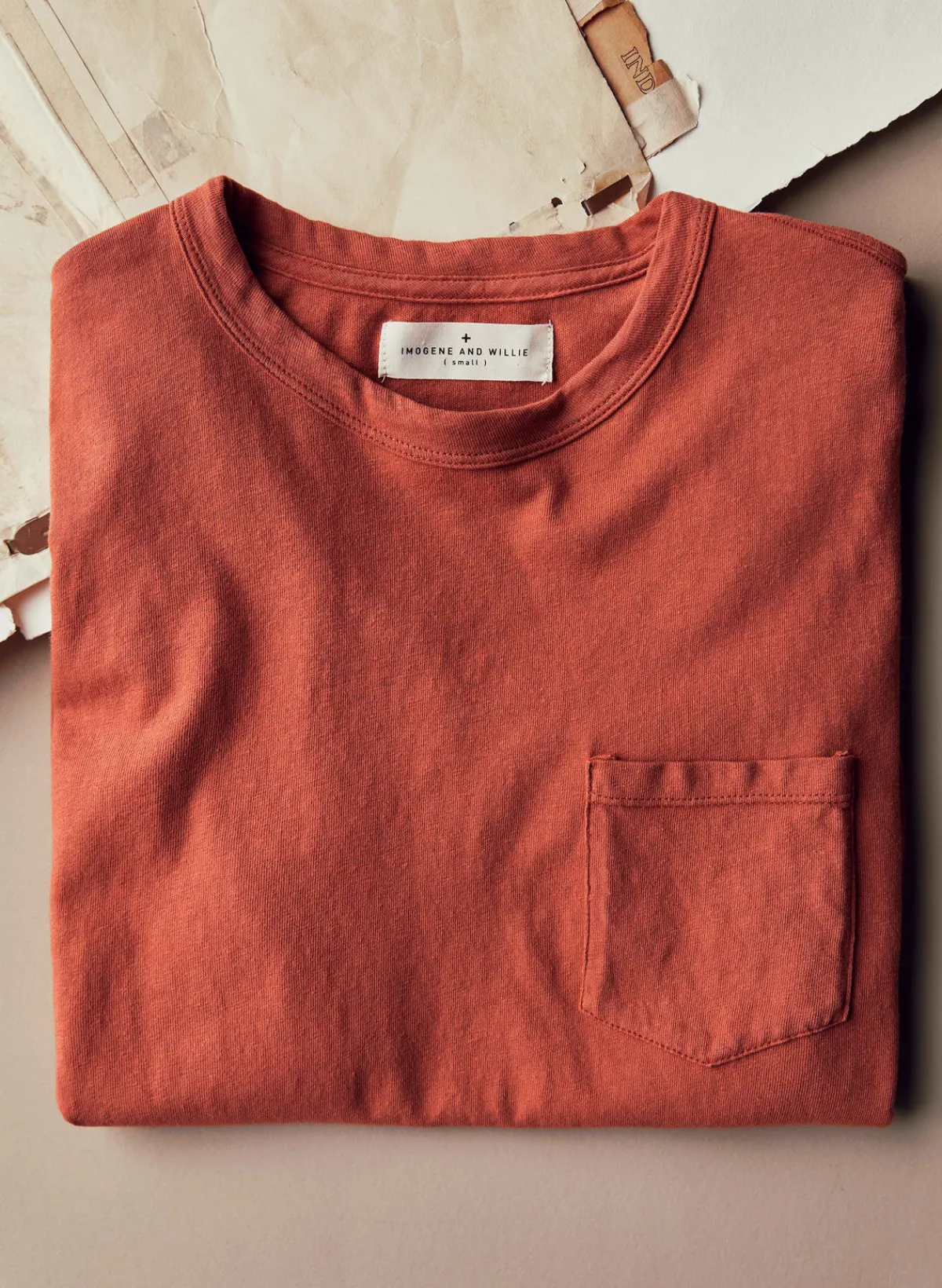Imogene + Willie rust knit pocket tee