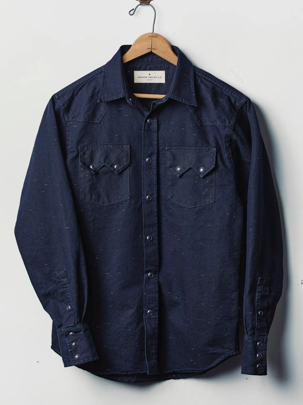 Imogene + Willie sawtooth pearl snap in reverse black indigo nep