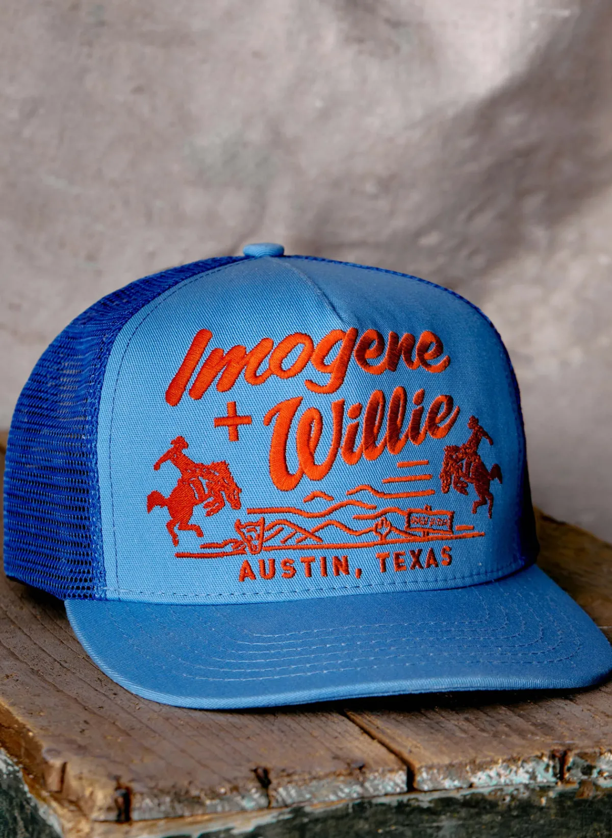 Women Imogene + Willie the "bronco" trucker in blue