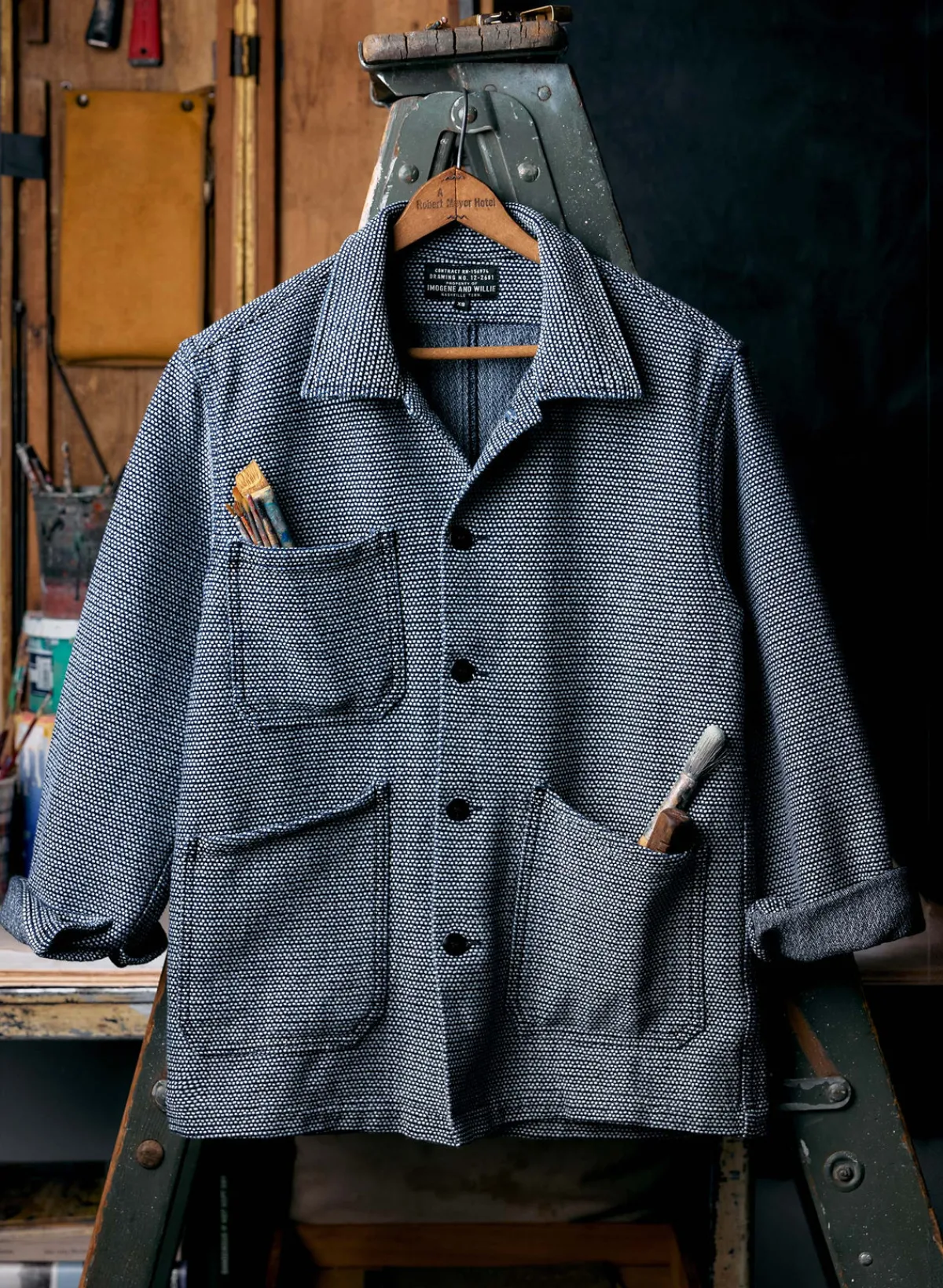 Women Imogene + Willie the painters coat in indigo cream sashiko